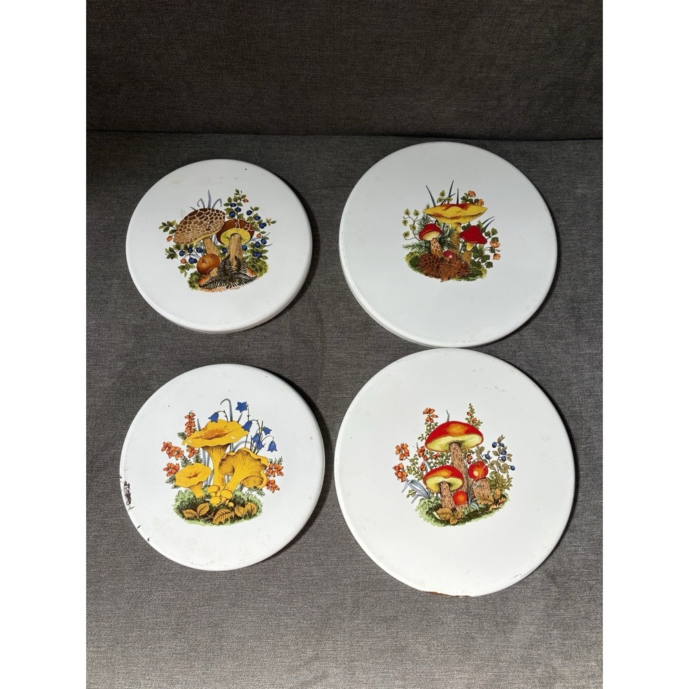 Vintage 1970's Mushroom Steel Enamel Stove Burner Covers Set Of 4, 2 10", 2 8"